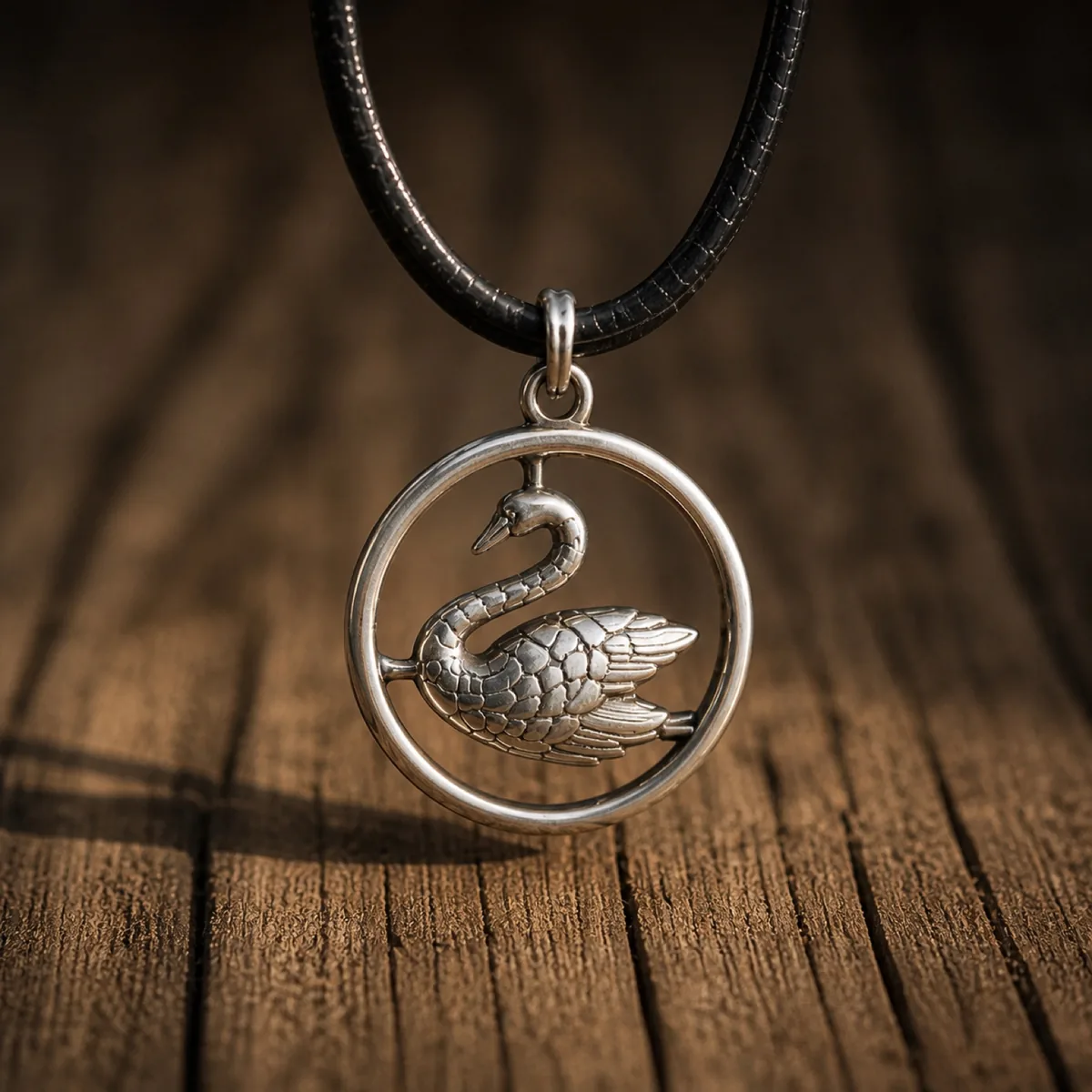 Swan in the Circle silver pendant on a leather cord — close-up on aged wood
